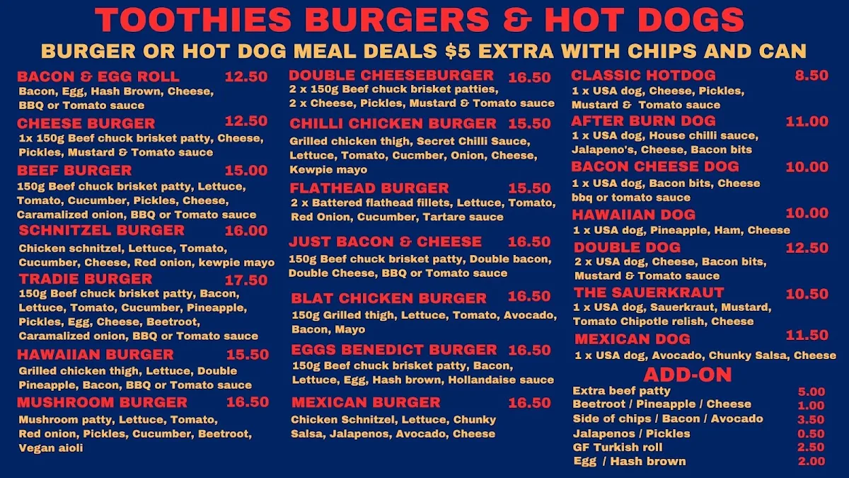 Menu, Toothies Burger Bar