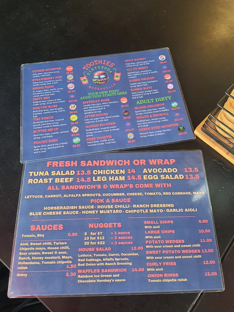 Menu, Toothies Burger Bar
