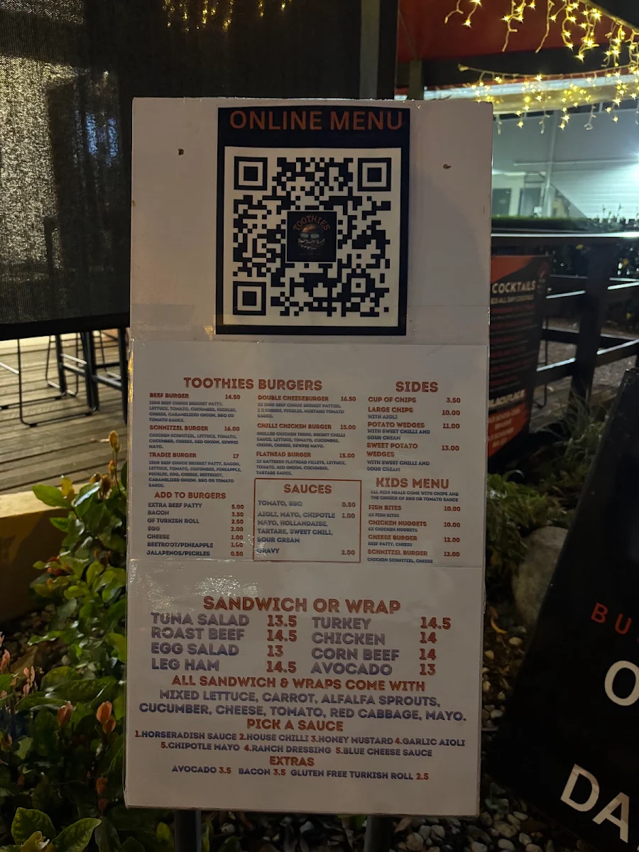 Menu, Toothies Burger Bar