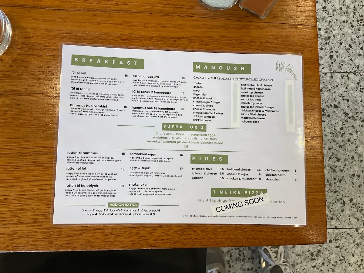 Menu, Little Lebanon