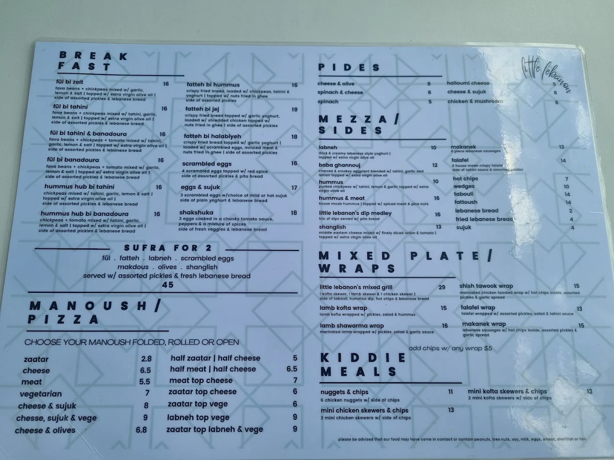 Menu, Little Lebanon