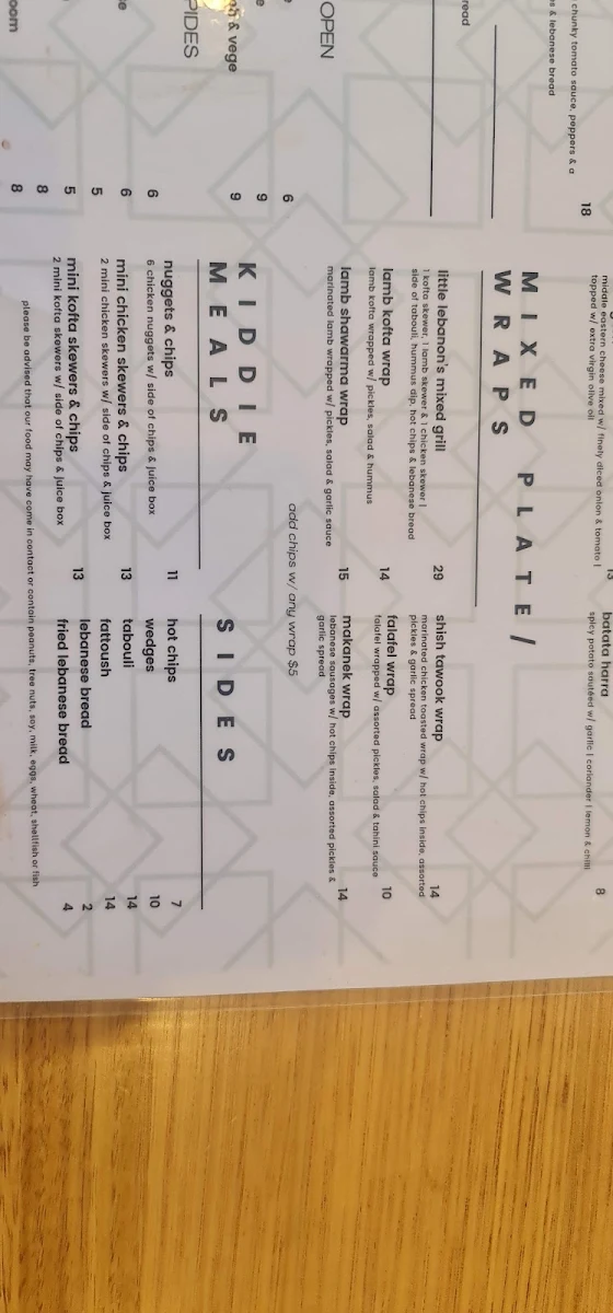 Menu, Little Lebanon