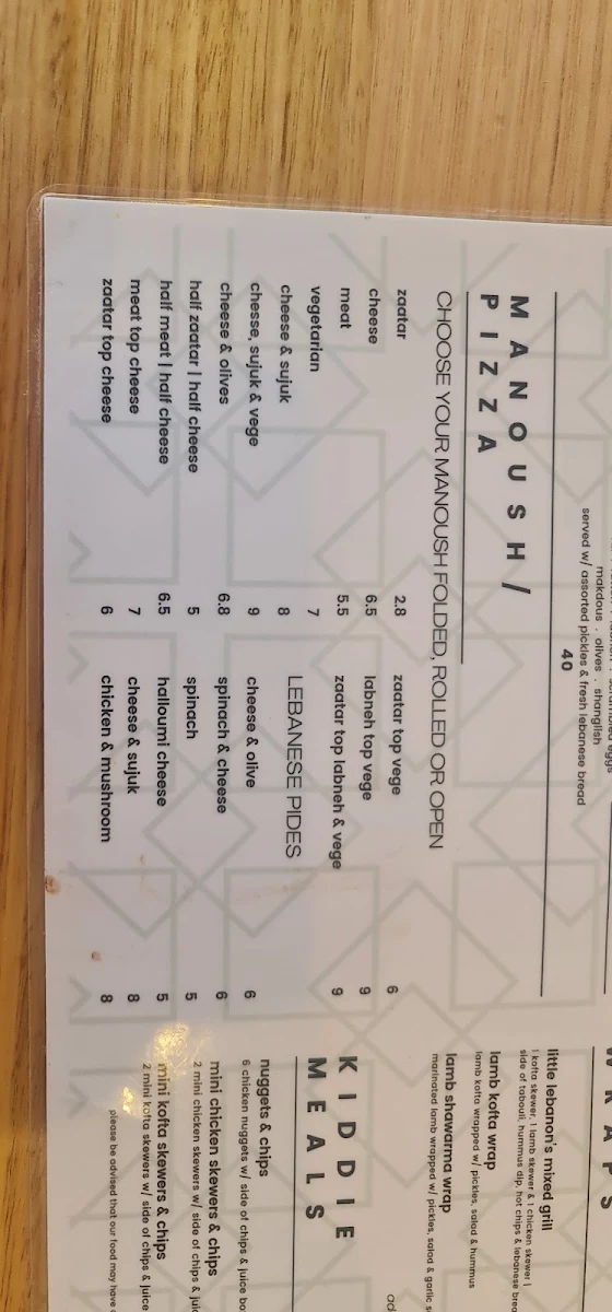 Menu, Little Lebanon