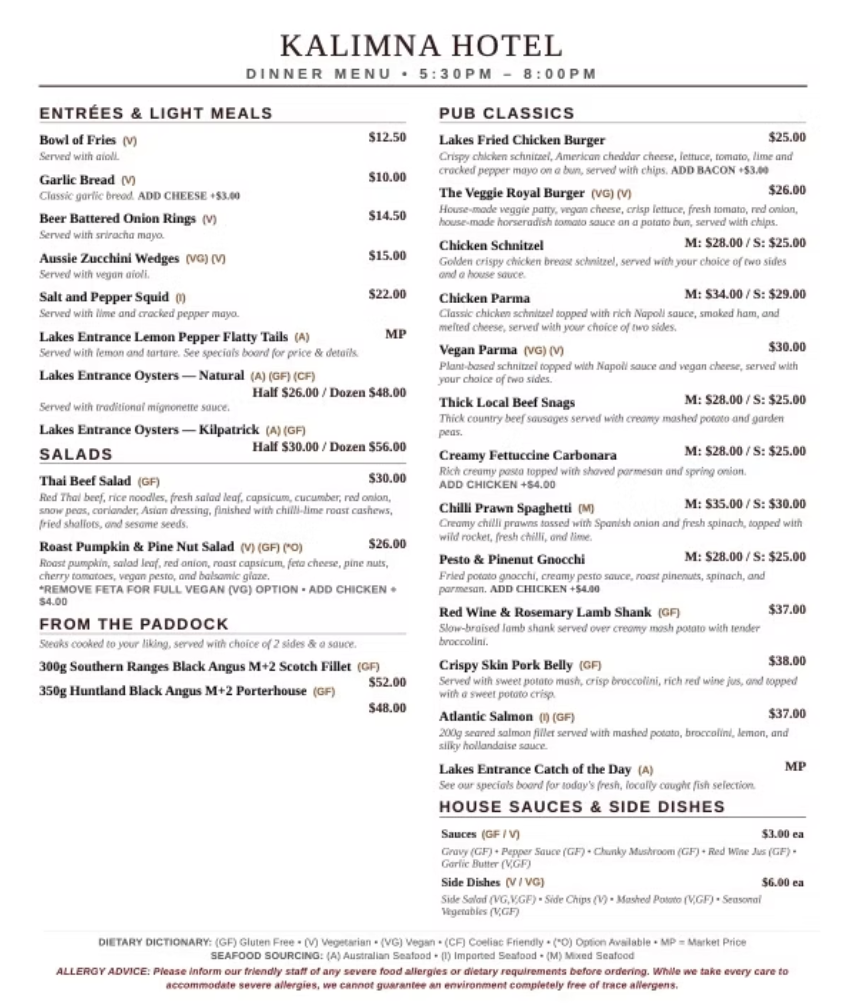 Menu, Kalimna Hotel