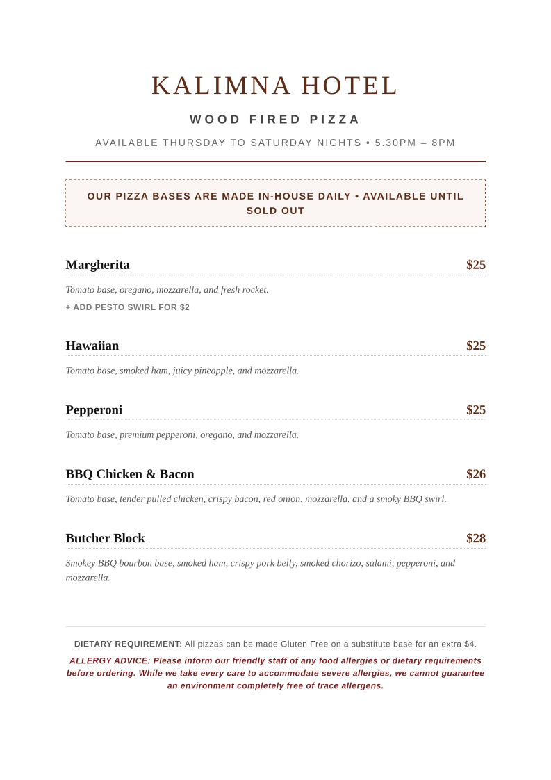 Menu, Kalimna Hotel
