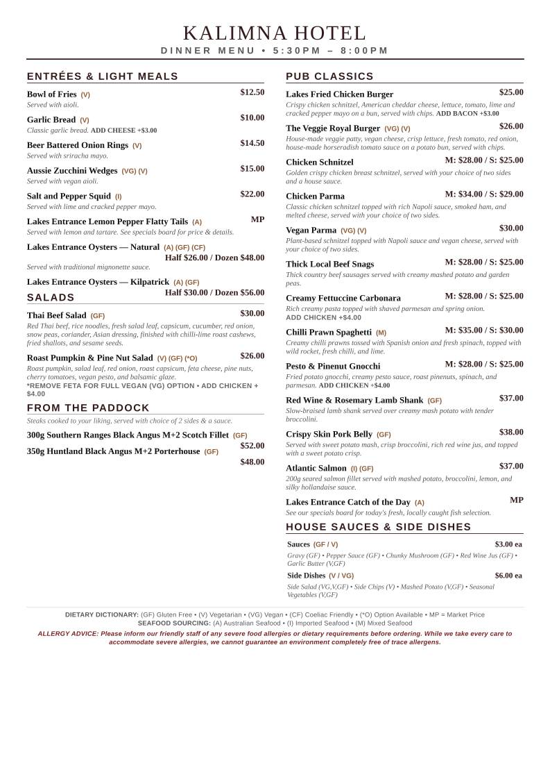 Menu, Kalimna Hotel
