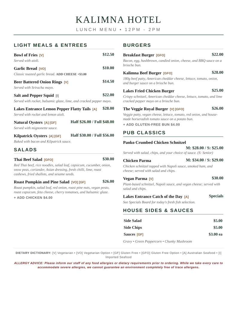 Menu, Kalimna Hotel