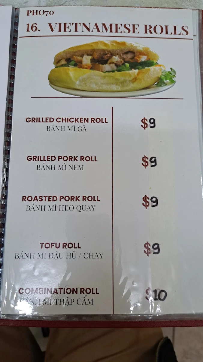 Menu, Pho 70