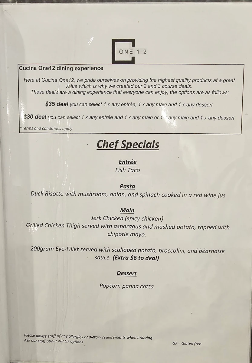 Menu, Cucina One12