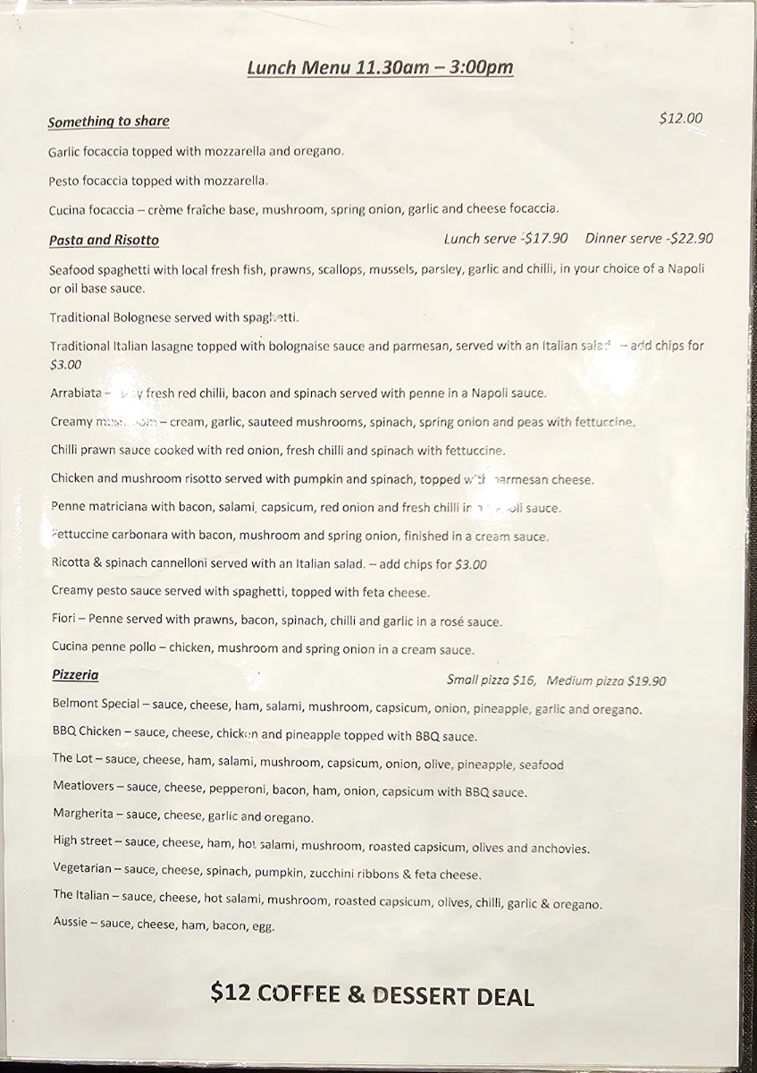 Menu, Cucina One12