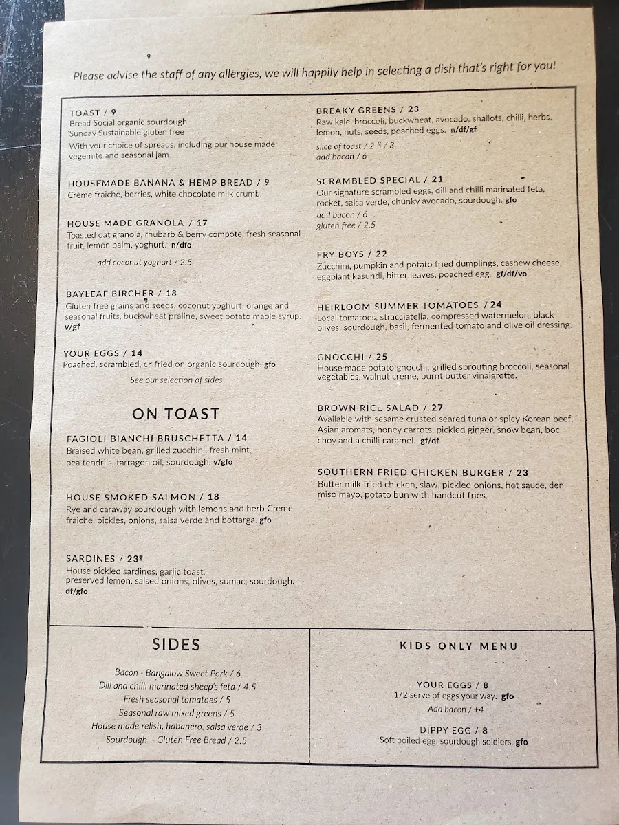 Menu, Bayleaf Cafe