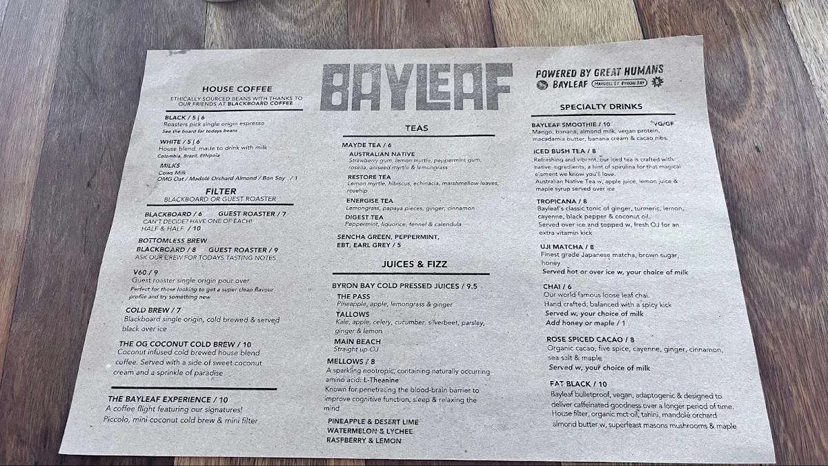 Menu, Bayleaf Cafe