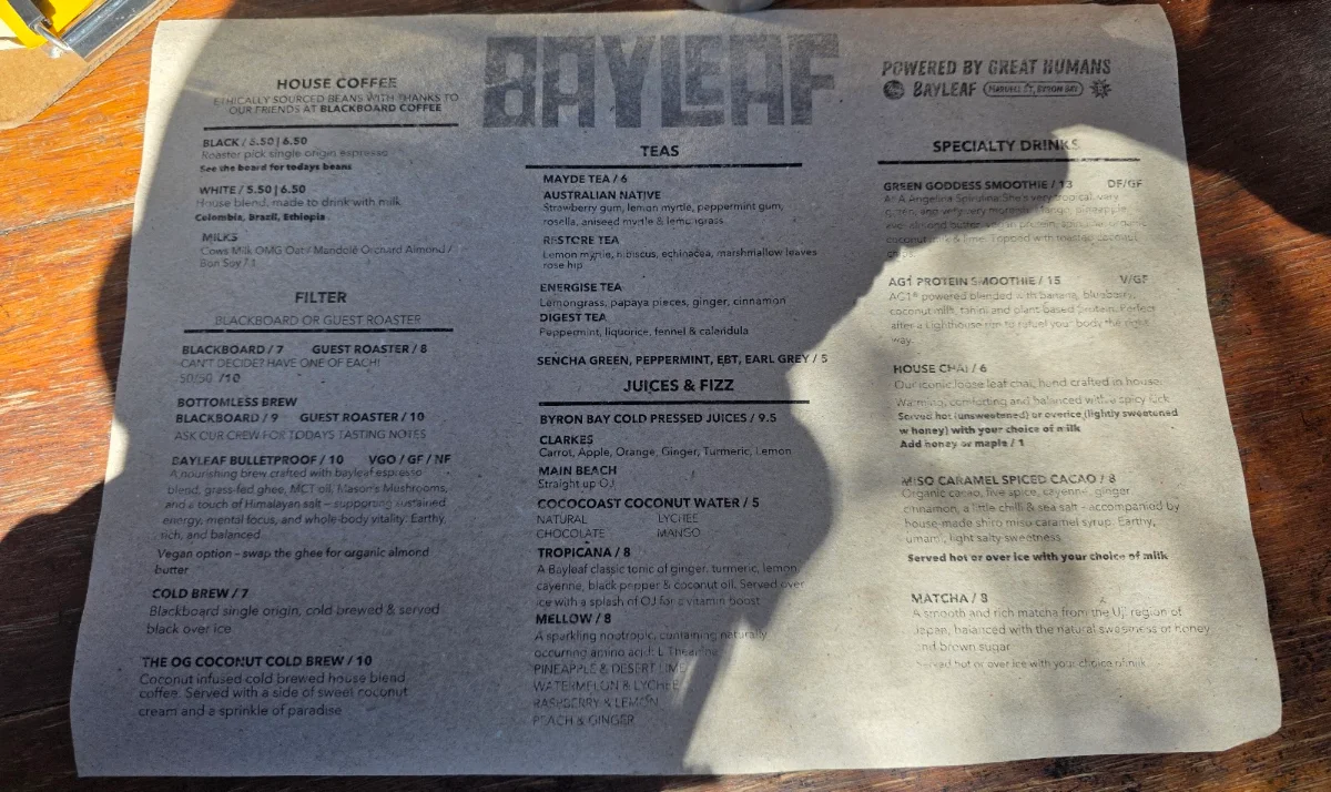 Menu, Bayleaf Cafe