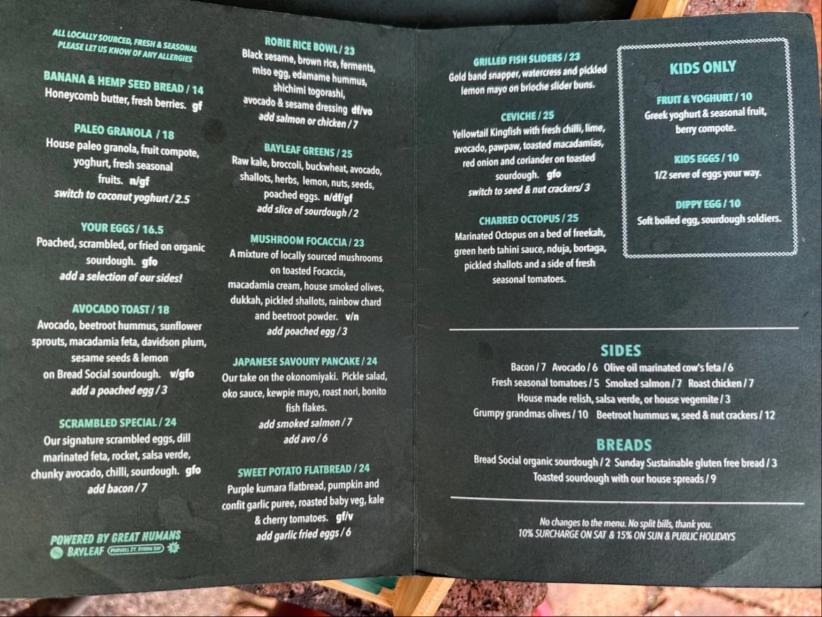 Menu, Bayleaf Cafe