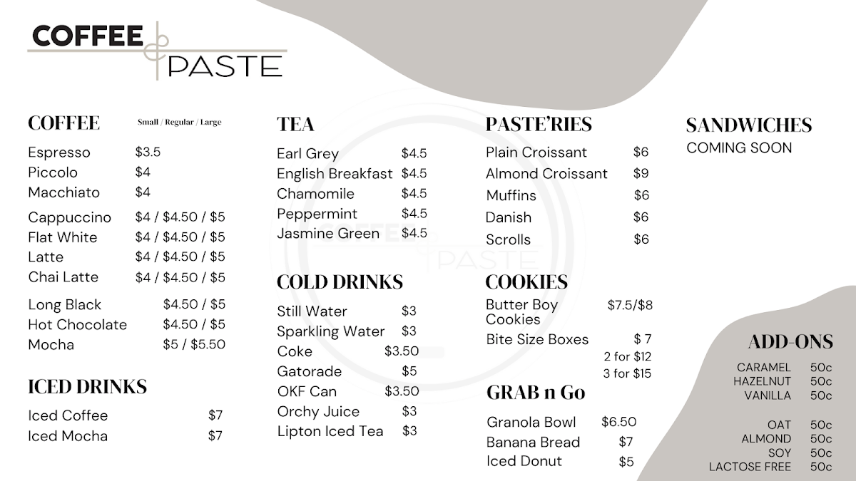 Menu, Coffee and Paste