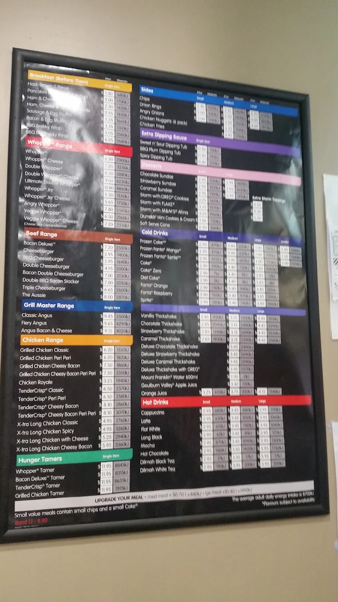 Menu, Hungry Jack's Burgers Girrawheen