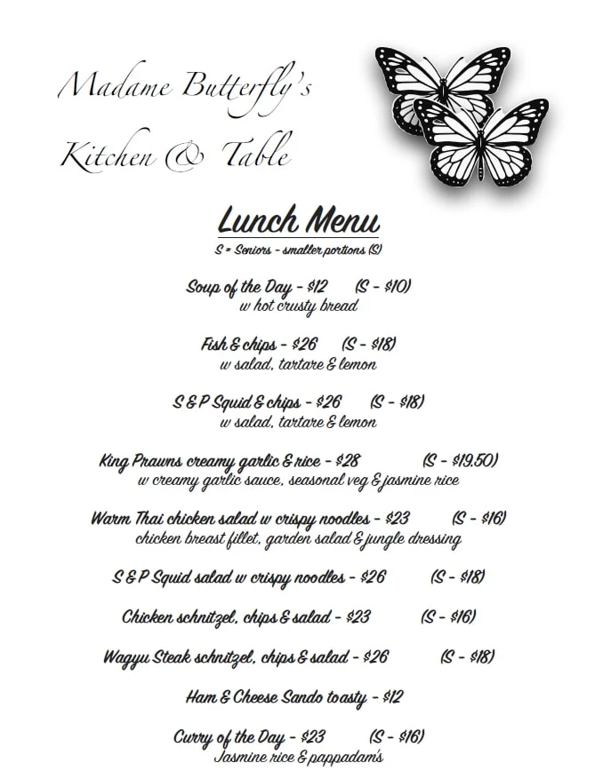 Menu, Madame Butterfly's Kitchen & Table