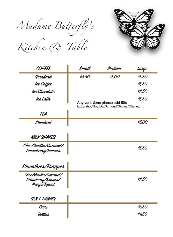 Menu, Madame Butterfly's Kitchen & Table
