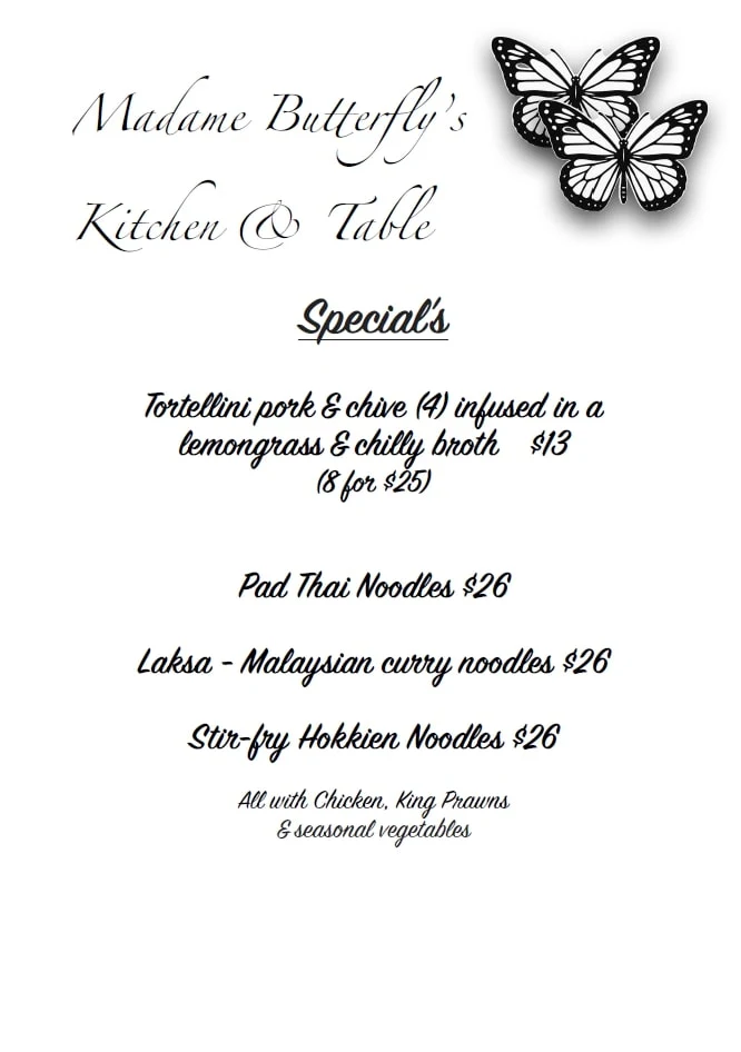 Menu, Madame Butterfly's Kitchen & Table