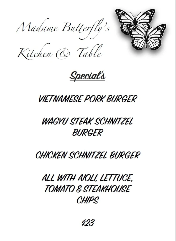 Menu, Madame Butterfly's Kitchen & Table