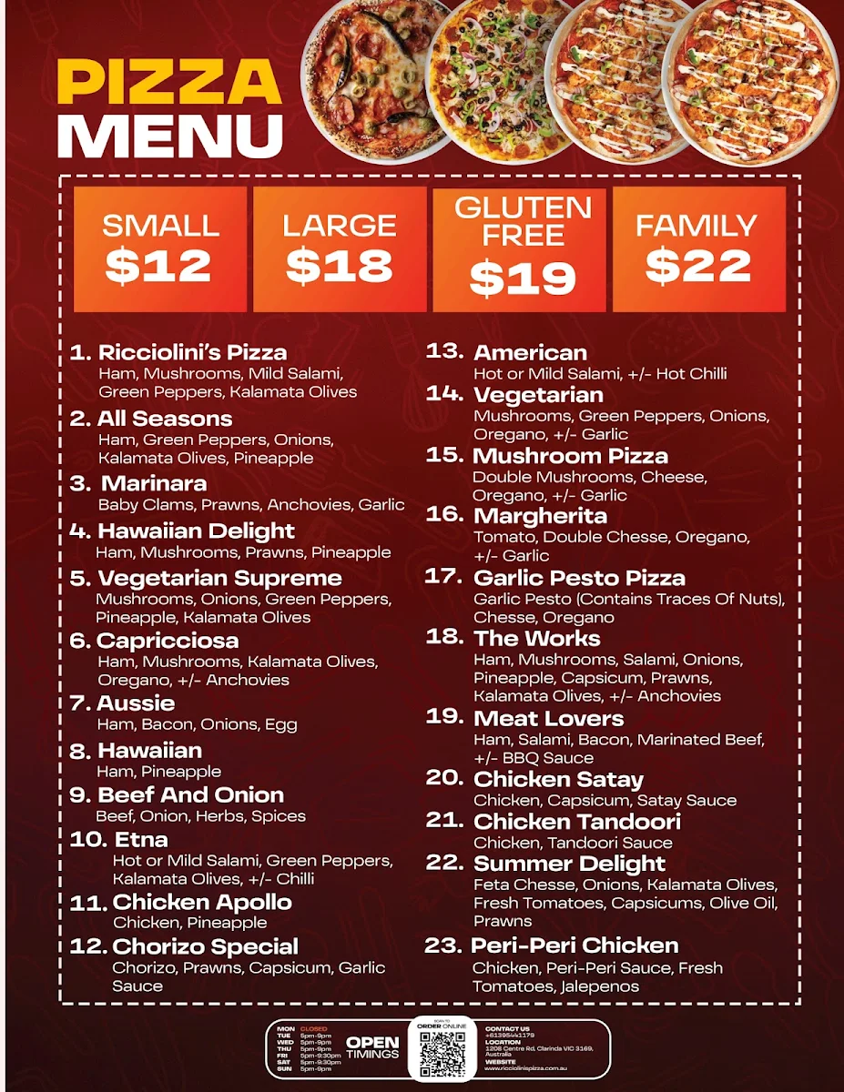 Menu, Ricciolini's Pizza Pasta House
