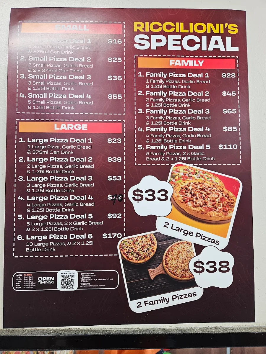 Menu, Ricciolini's Pizza Pasta House