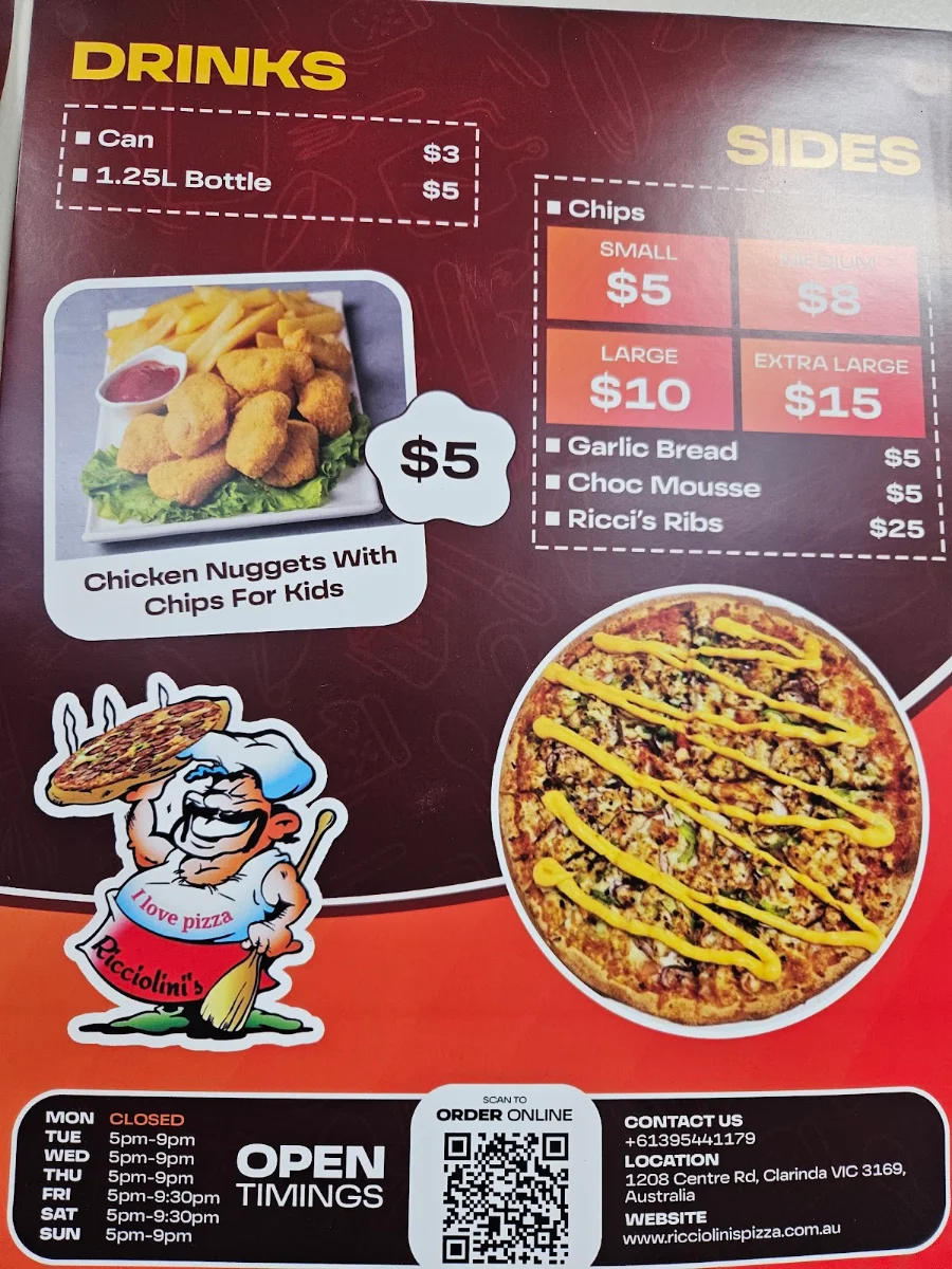Menu, Ricciolini's Pizza Pasta House