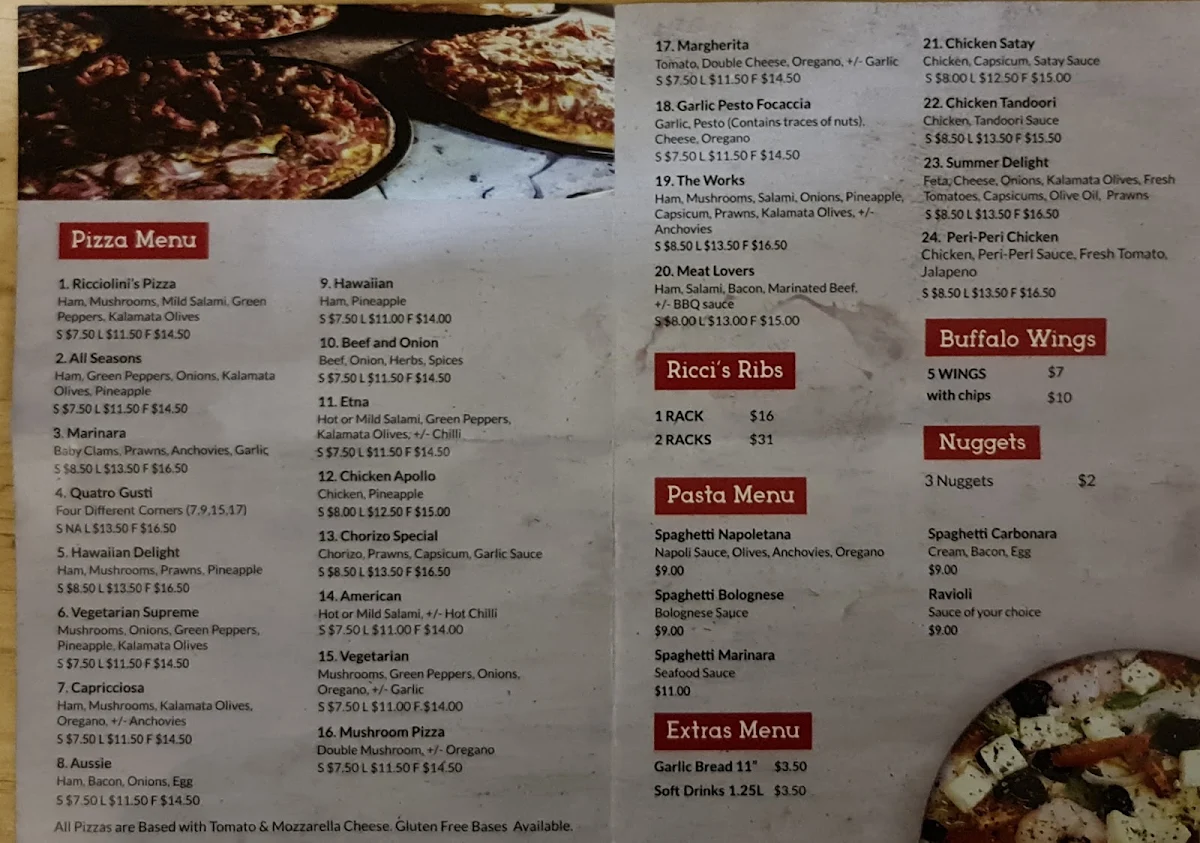 Menu, Ricciolini's Pizza Pasta House