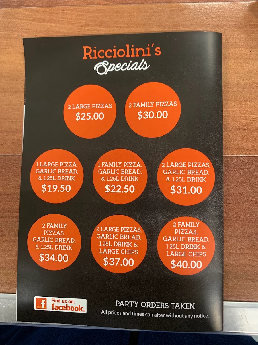 Menu, Ricciolini's Pizza Pasta House