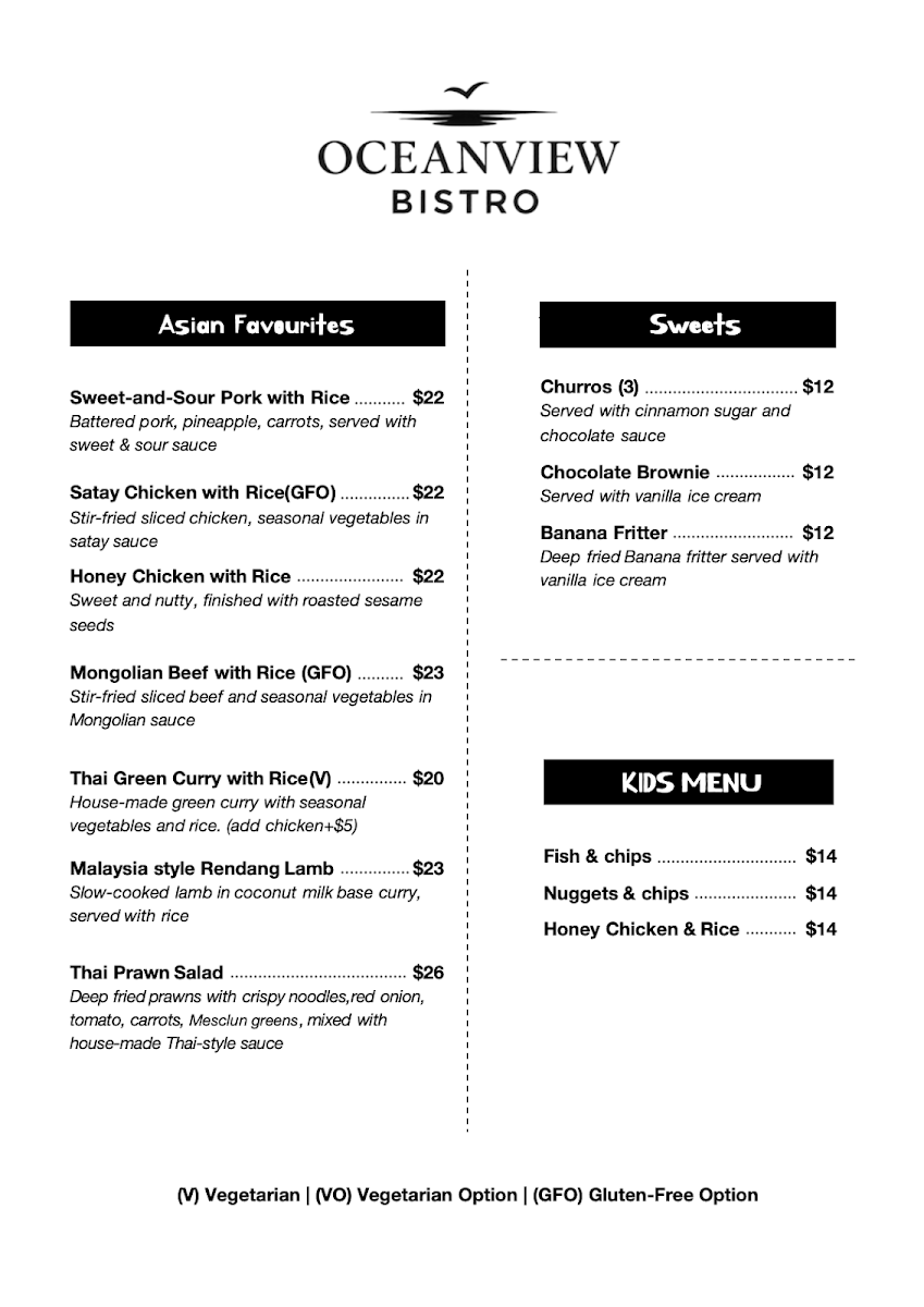 Menu, Oceanview Bistro