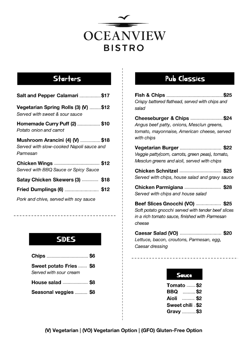 Menu, Oceanview Bistro
