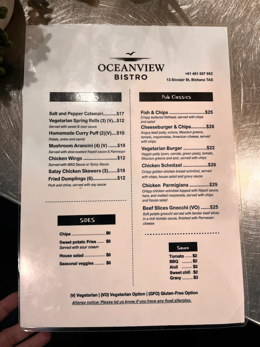 Menu, Oceanview Bistro