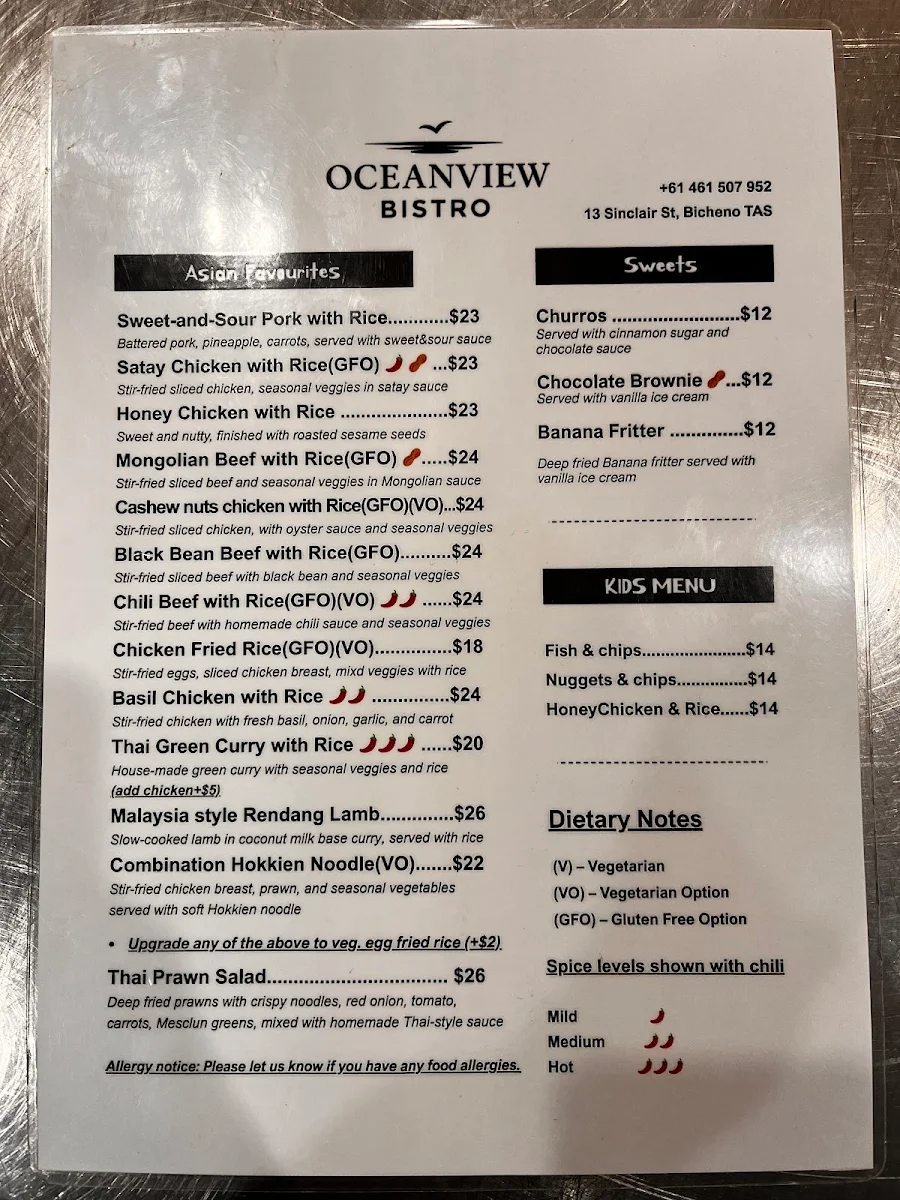Menu, Oceanview Bistro