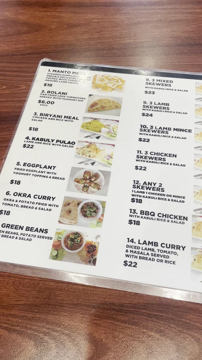 Menu, Afghan Cuisine and Charcoal Kebab House