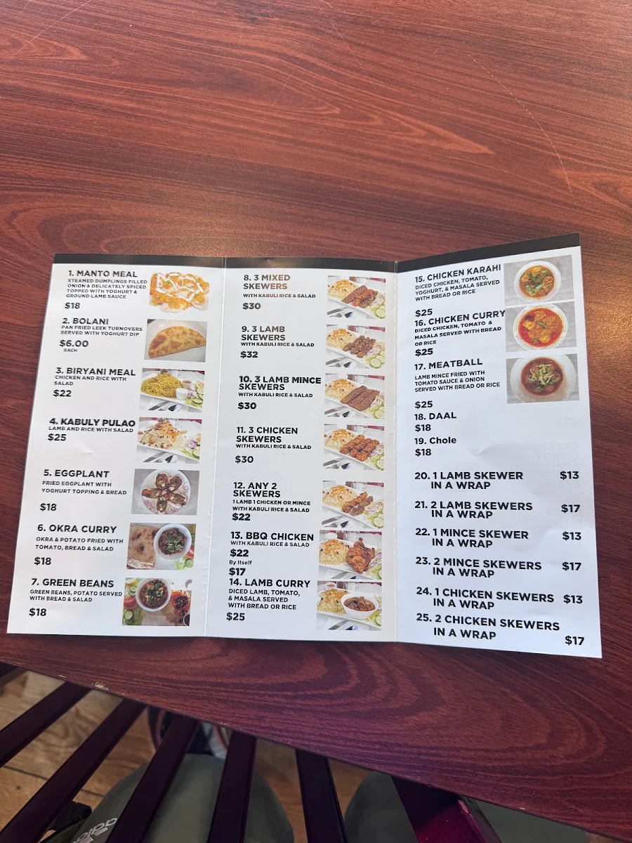 Menu, Afghan Cuisine and Charcoal Kebab House
