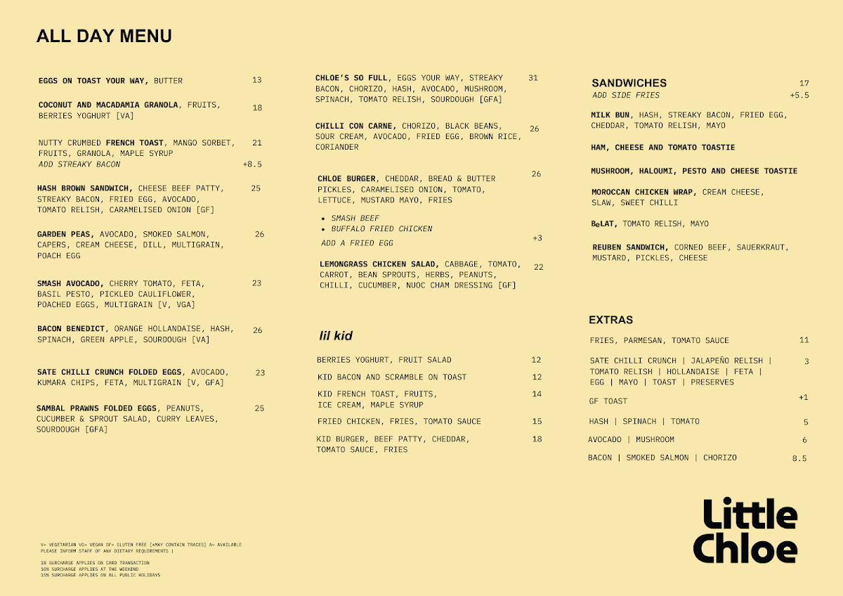 Menu, Little Chloe Café