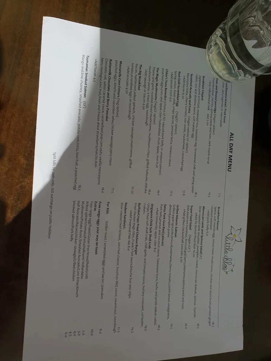 Menu, Little Chloe Café