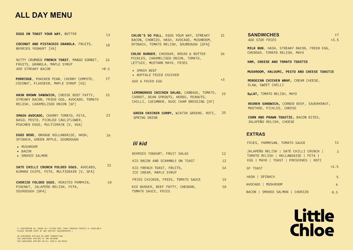 Menu, Little Chloe Café