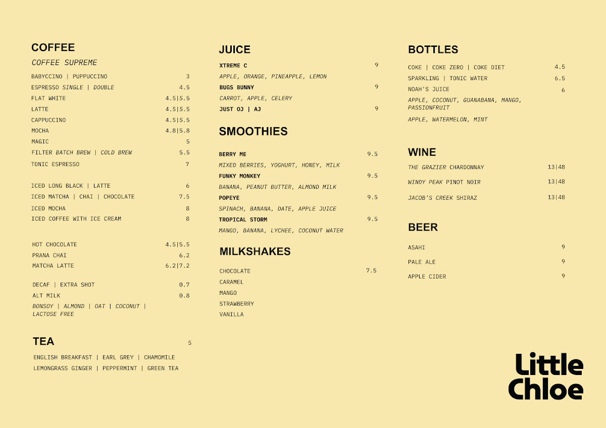 Menu, Little Chloe Café