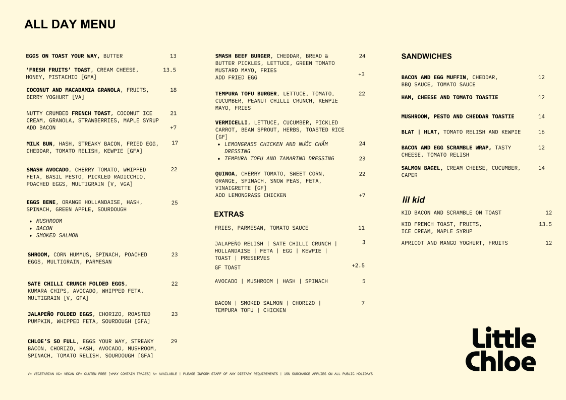 Menu, Little Chloe Café