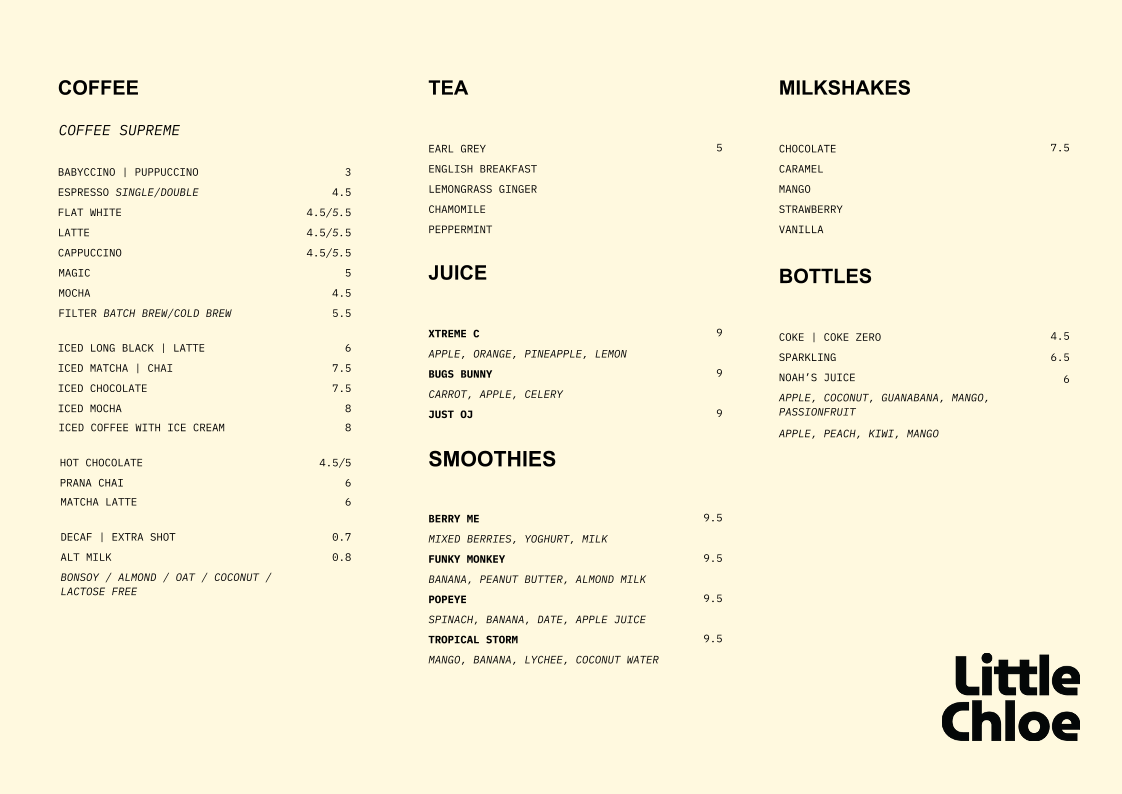 Menu, Little Chloe Café
