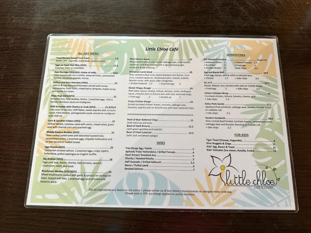 Menu, Little Chloe Café