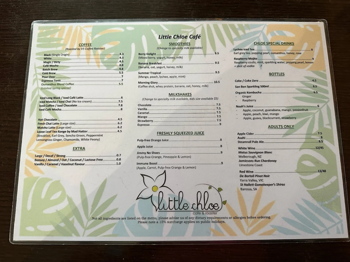Menu, Little Chloe Café