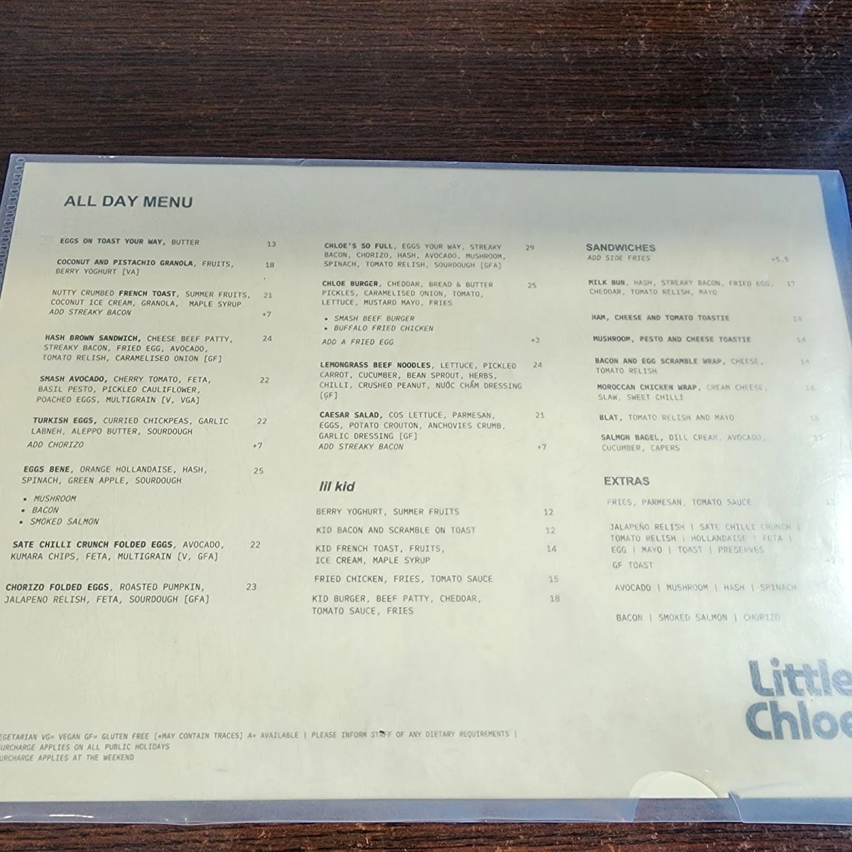 Menu, Little Chloe Café