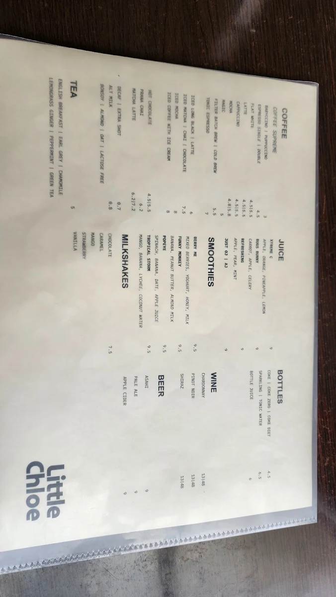 Menu, Little Chloe Café