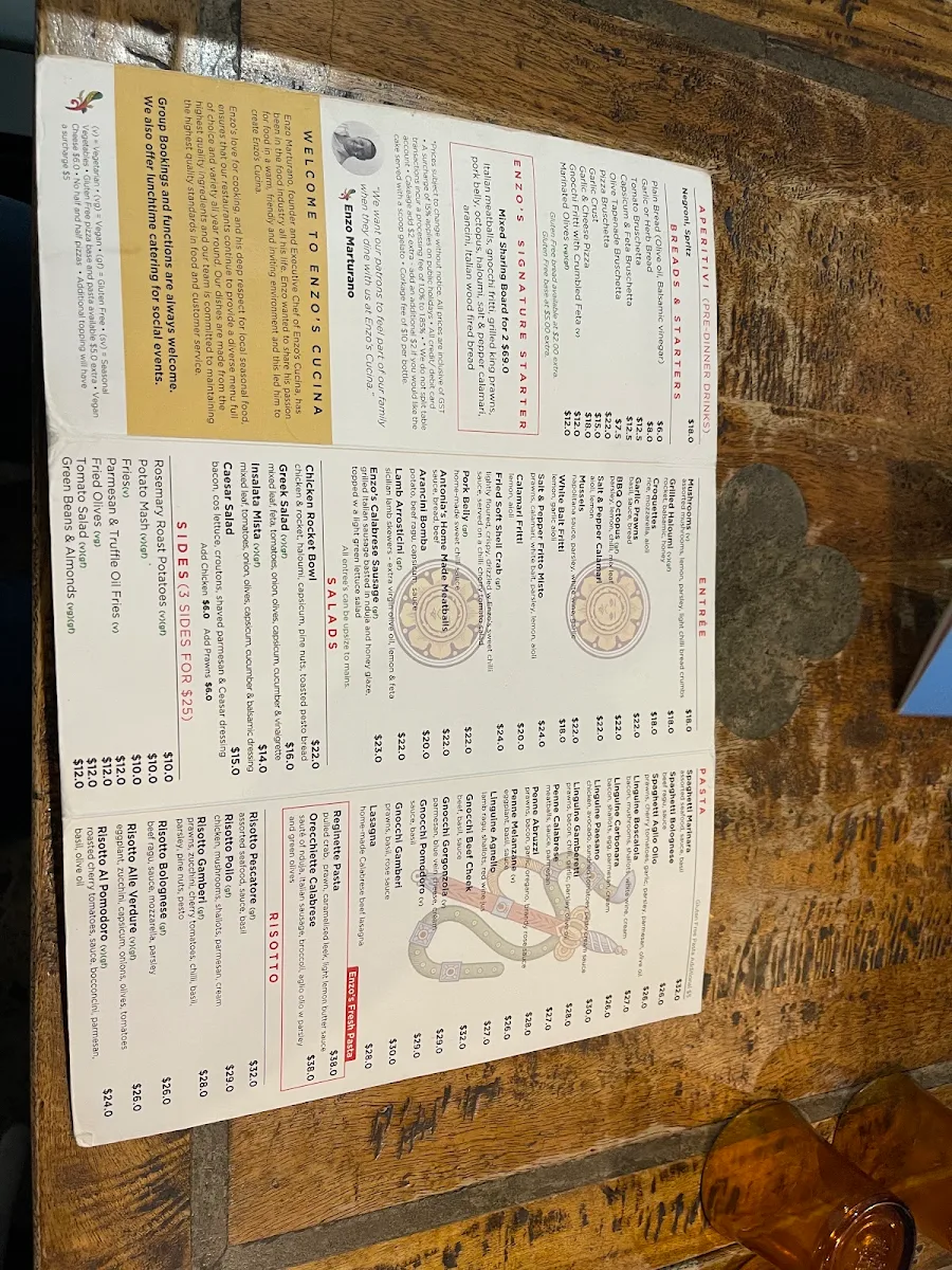 Menu, Enzo's Cucina Glenmore Park