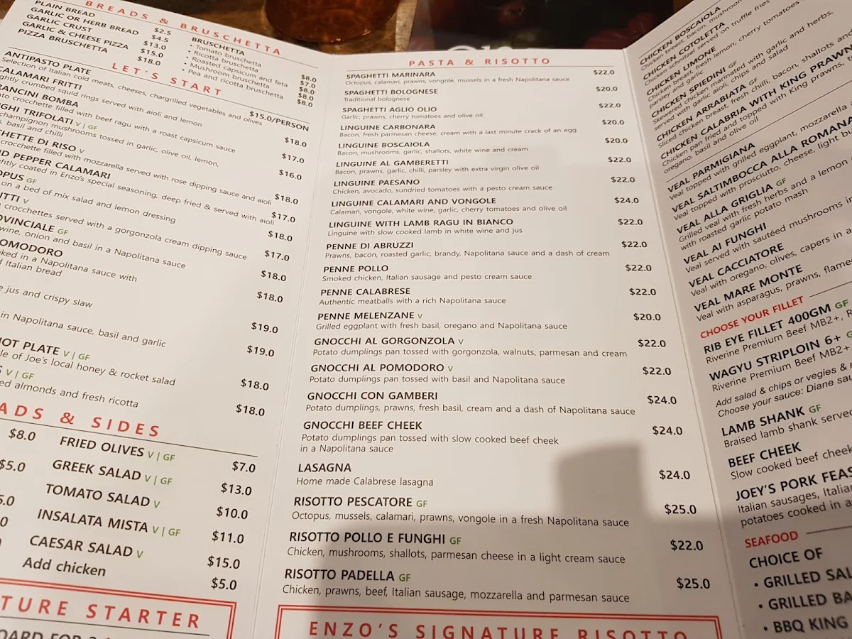 Menu, Enzo's Cucina Glenmore Park