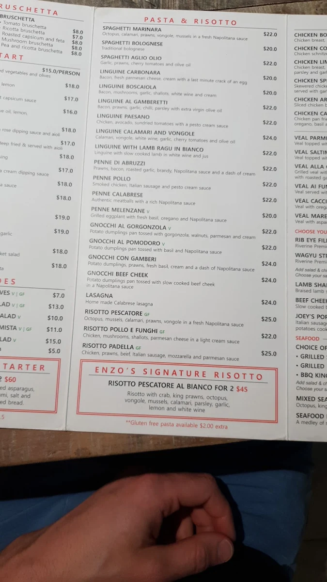 Menu, Enzo's Cucina Glenmore Park