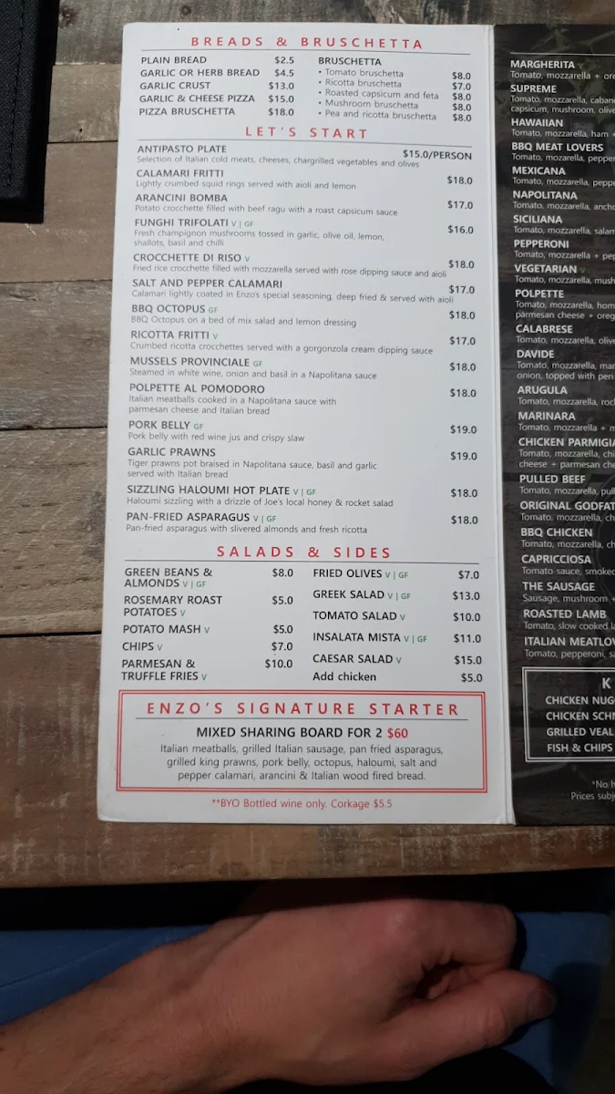 Menu, Enzo's Cucina Glenmore Park