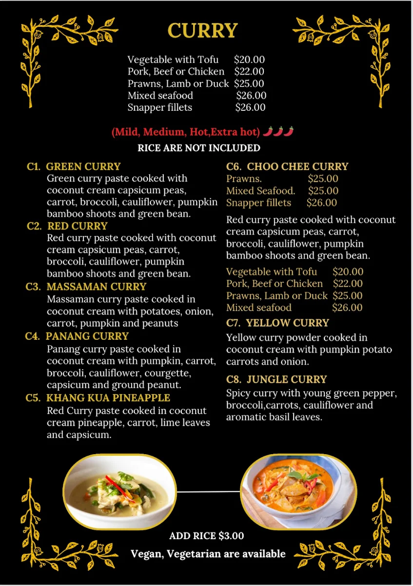 Menu, Whang Thai (Whittlesea)